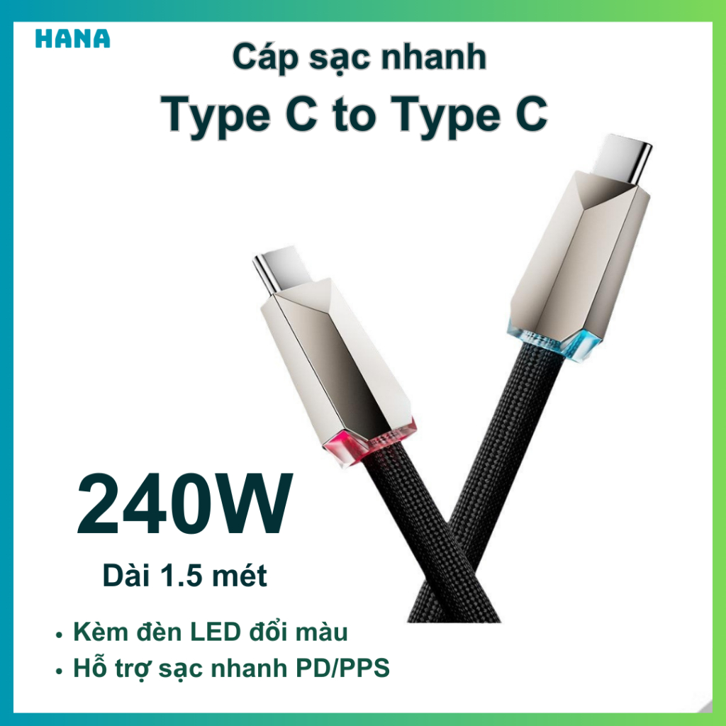 [Basemo] Cáp sạc nhanh 240W PD, đèn báo nhiều màu, truyền dữ liệu 480mbps, giao diện hợp kim kẽm sạc nhanh