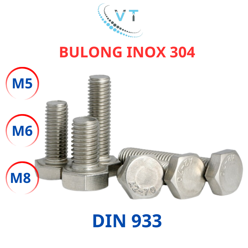 Set 10 bộ  Bulong + tán Inox304 M5 - M6 - M8 dài từ 10mm - 150mm