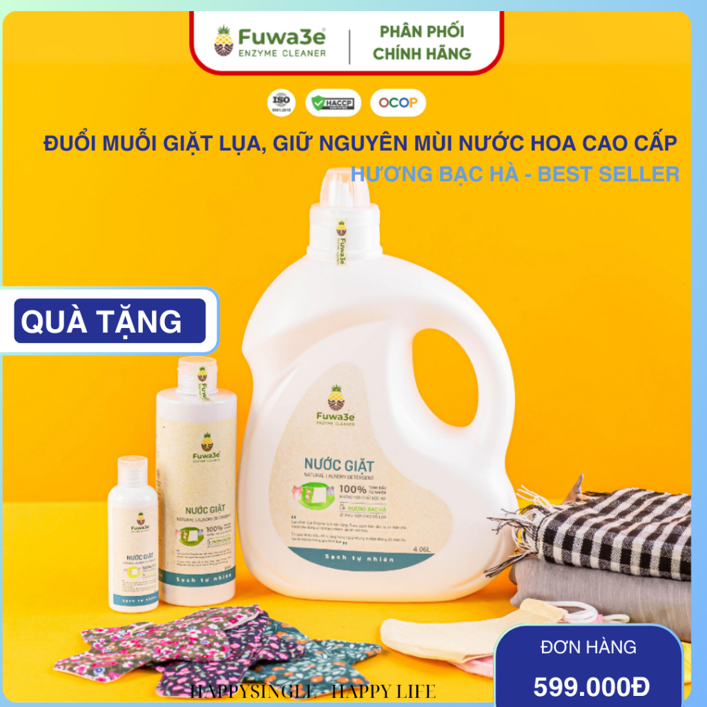Nước giặt Fuwa3e organic từ Enzyme 100% tinh dầu đuổi muỗi 4L giặt quần áo đồ lót, an toàn bé ss