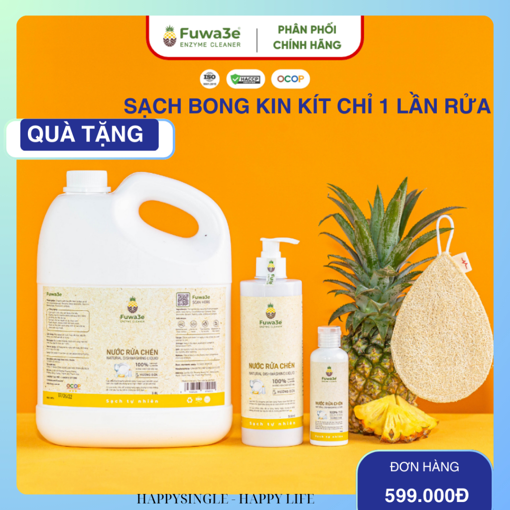 Nước rửa bát hữu cơ Fuwa3e Organic Enzyme sinh học 3.8L an toàn cho bé bảo vệ da tay