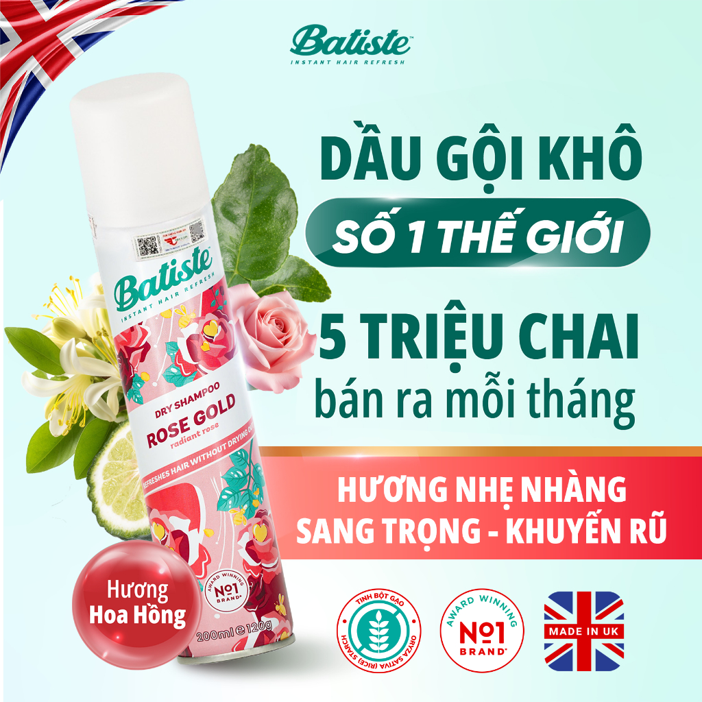 Ảnh Dầu Gội Khô Batiste Hương Hoa Hồng - Batiste Dry Shampoo Rose Gold Radiant Rose 200ml 1