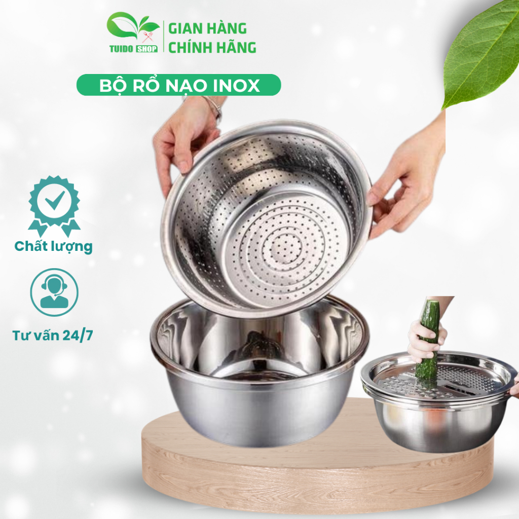 Bộ rổ nạo inox đa năng 3 in 1 rửa rau củ quả tiện lợi, Chậu kèm rổ inox ...
