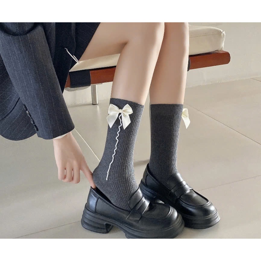 Vớ Tất nữ thêu nổi hình Nơ lớn cao cổ siêu dễ thương, xinh xắn