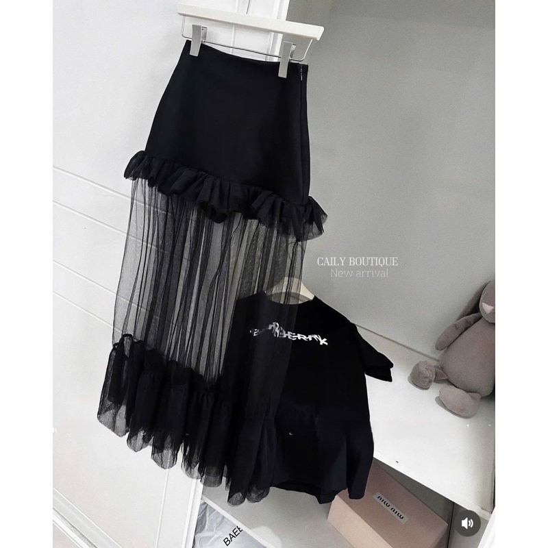 “Basil Set” Set áo thun BBR cộc tay cổ tròn basic kèm chân váy dài xoè phối voan bèo cao cấp | MIU.STUDIO