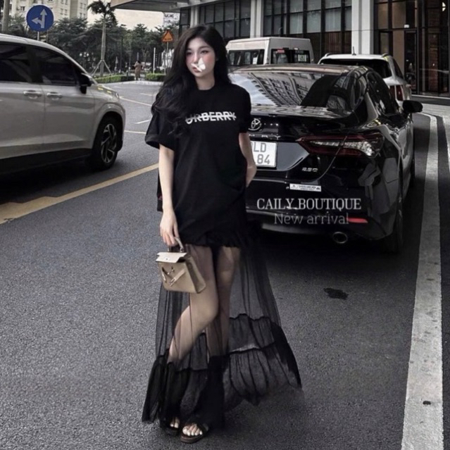 “Basil Set” Set áo thun BBR cộc tay cổ tròn basic kèm chân váy dài xoè phối voan bèo cao cấp | MIU.STUDIO