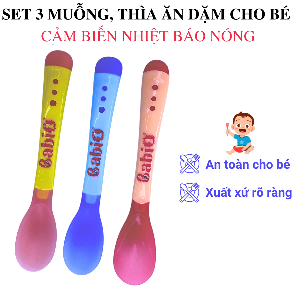 Thìa Ăn Dặm Báo Nóng BABIONE Dụng Cụ Ăn Dặm Cho Bé Silicon Cảm Biến Nhiệt Set 3 Thìa 3 Màu