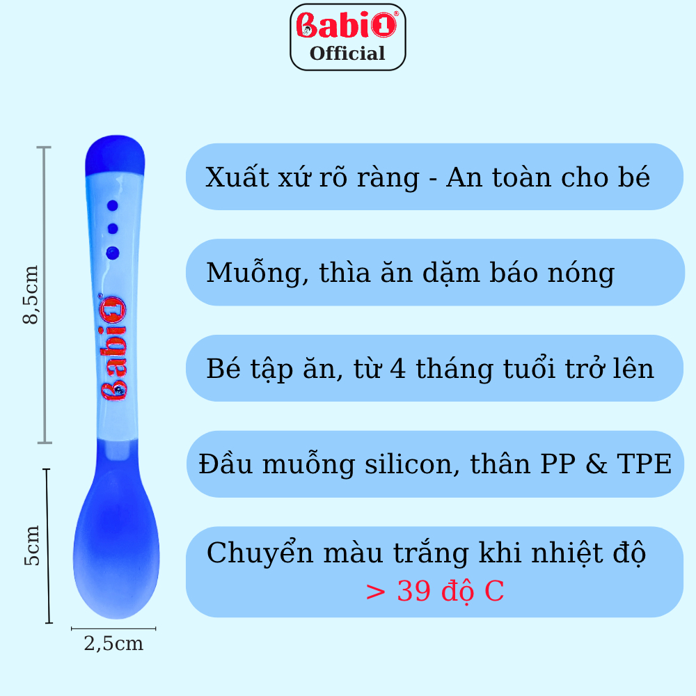 Thìa Ăn Dặm Báo Nóng BABIONE Dụng Cụ Ăn Dặm Cho Bé Silicon Cảm Biến Nhiệt Set 3 Thìa 3 Màu