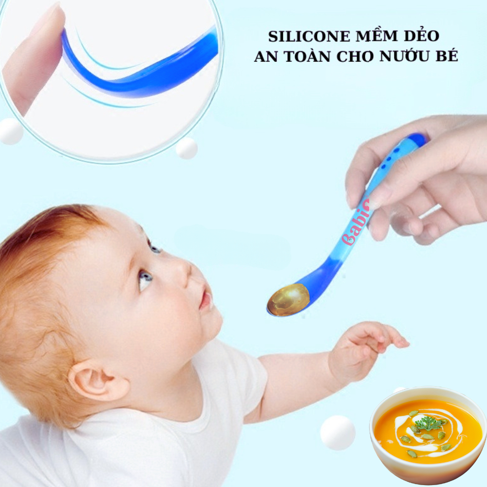 Thìa Ăn Dặm Báo Nóng BABIONE Dụng Cụ Ăn Dặm Cho Bé Silicon Cảm Biến Nhiệt Set 3 Thìa 3 Màu