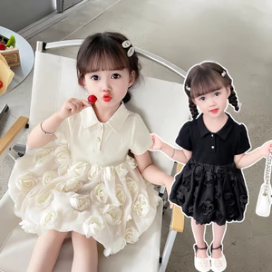 Váy hoa hồng cho bé gái 8-20kg cotton, hai màu đen + trắng be