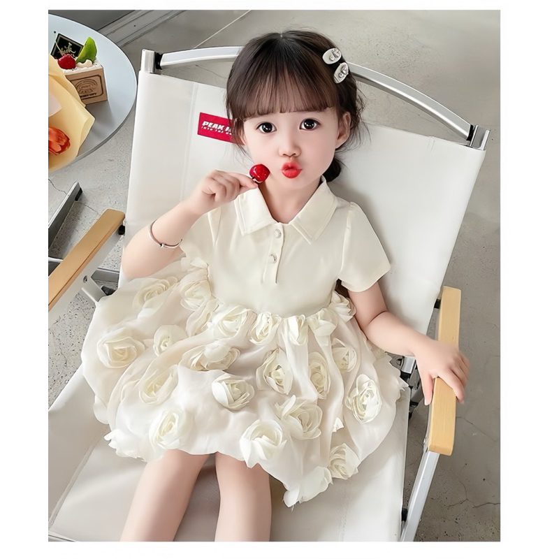 Váy hoa hồng cho bé gái 8-20kg cotton, hai màu đen + trắng be