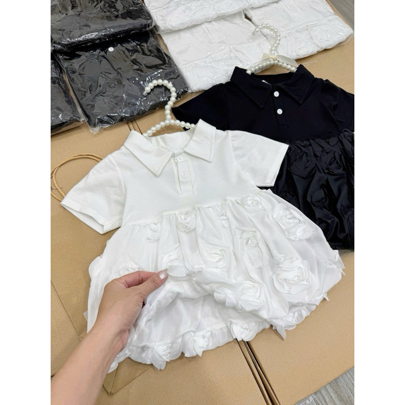 Váy hoa hồng cho bé gái 8-20kg cotton, hai màu đen + trắng be
