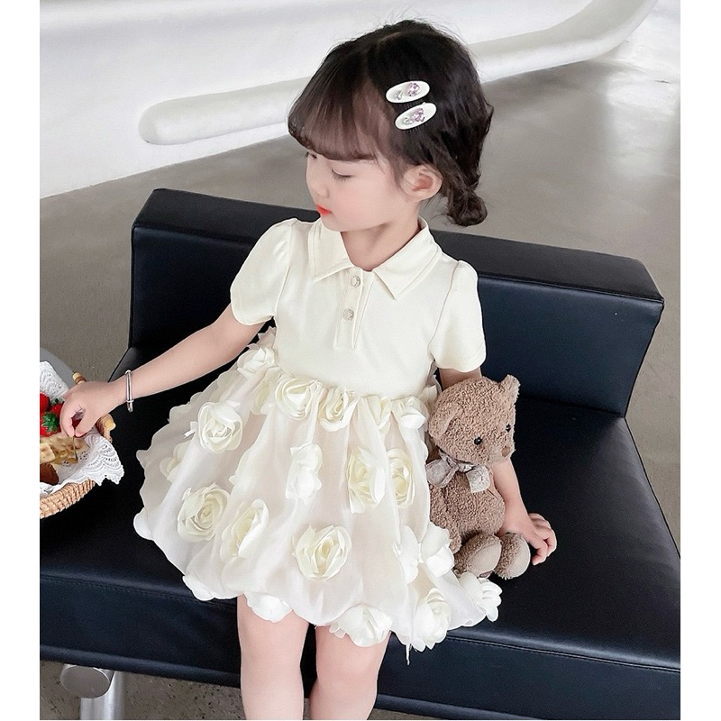 Váy hoa hồng cho bé gái 8-20kg cotton, hai màu đen + trắng be