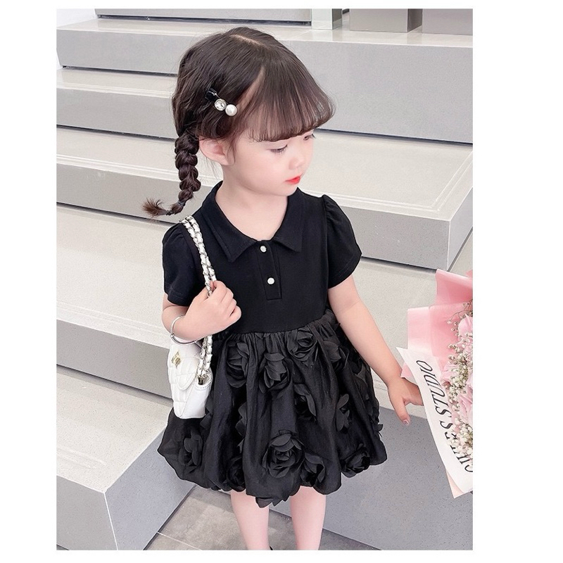 Váy hoa hồng cho bé gái 8-20kg cotton, hai màu đen + trắng be