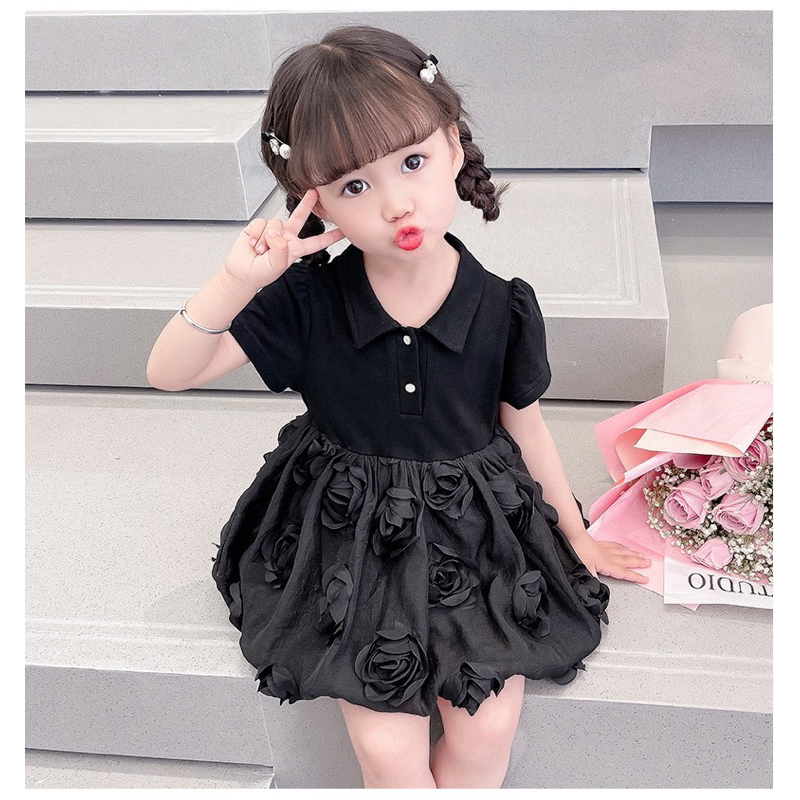 Váy hoa hồng cho bé gái 8-20kg cotton, hai màu đen + trắng be