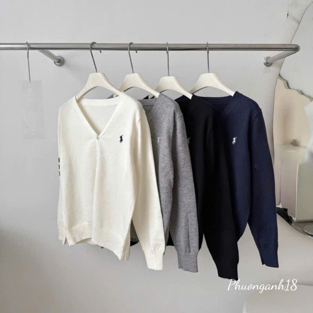 Áo  khoác len cardigan cổ tim thêu logo ngựa sọc tay hàng quảng châu