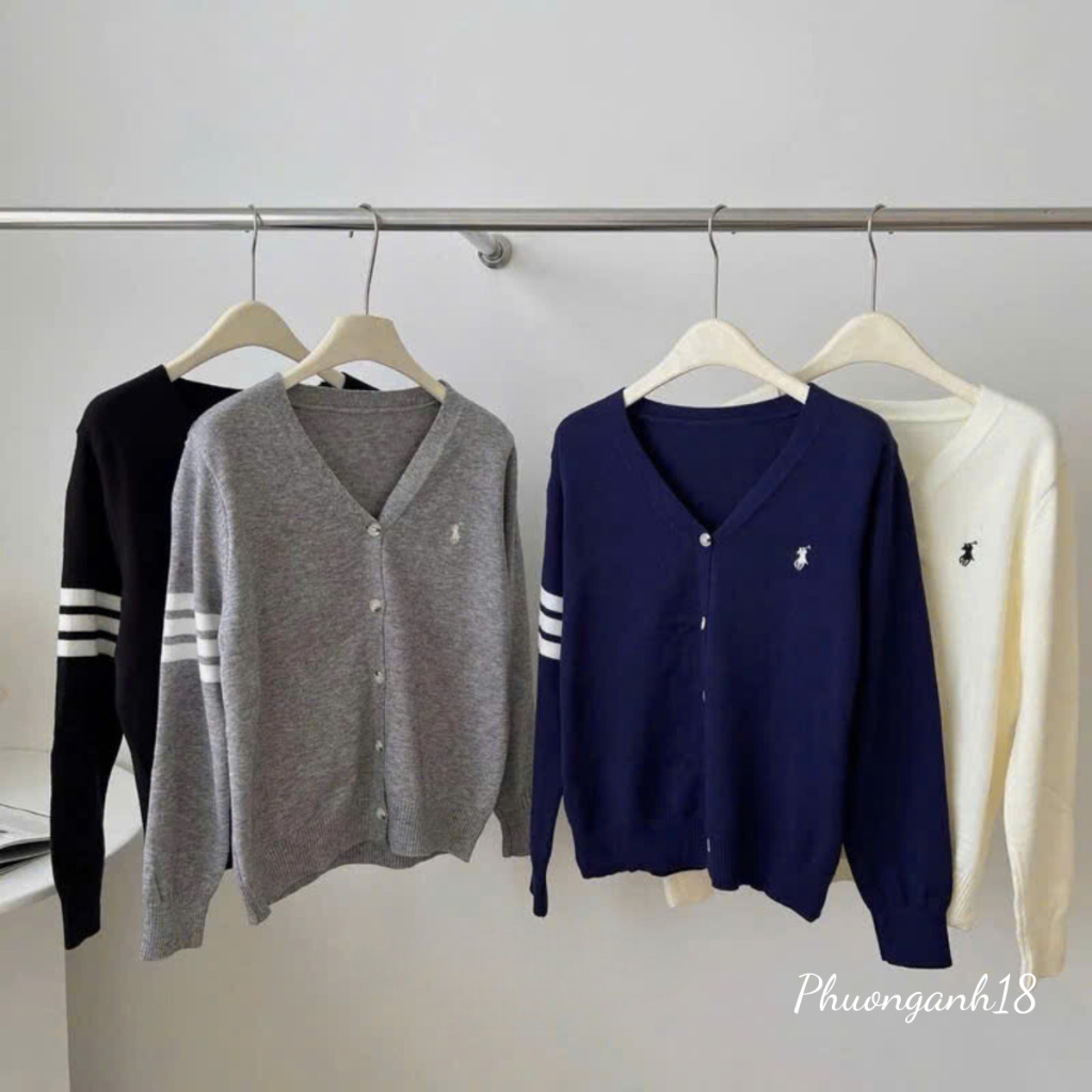 Áo  khoác len cardigan cổ tim thêu logo ngựa sọc tay hàng quảng châu