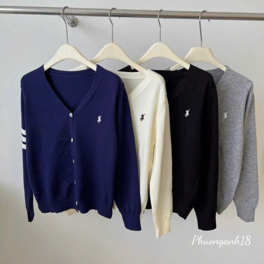 Áo  khoác len cardigan cổ tim thêu logo ngựa sọc tay hàng quảng châu