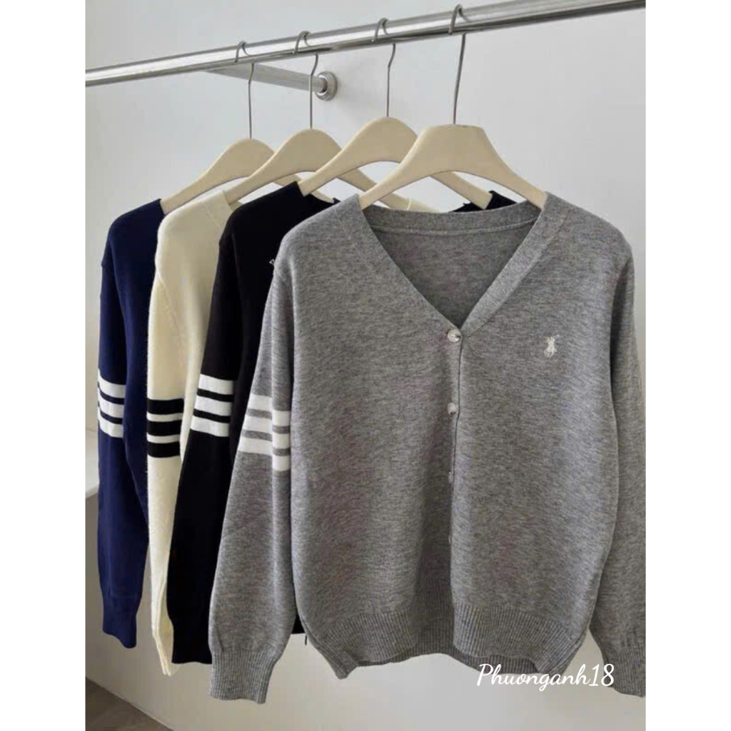 Áo  khoác len cardigan cổ tim thêu logo ngựa sọc tay hàng quảng châu