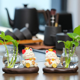 Bình Thuỷ Canh Để Bàn Trang Trí Kèm Tượng Mèo Chiêu Tài, Lọ Thuỷ Sinh Có Đế Và Tượng Decor Thư Giãn