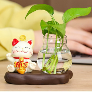 Bình Thuỷ Canh Để Bàn Trang Trí Kèm Tượng Mèo Chiêu Tài, Lọ Thuỷ Sinh Có Đế Và Tượng Decor Thư Giãn