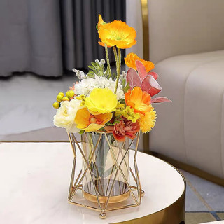 (set bó hoa và bình CẮM ĐƯỢC NƯỚC)Lọ hoa thuỷ tinh khung lồng đèn thép , bình hoa trang trí phòng khách, lọ hoa