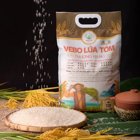 Gạo VEBO Lúa Tôm Thượng Hạng APG ECO Gạo sạch, Mềm, Dẻo, Quy cách túi 5Kg