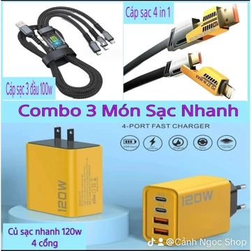 Combo Củ Sạc Nhanh 120W, Cáp Sạc 3 đầu 100W, Cáp sạc 4 đầu - 4 trong 1. Cốc Sạc NHanh. Sạc tiện lợi cho nhiều thiết bị .