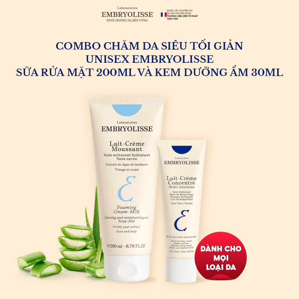 Ảnh Combo Chăm Da Siêu Tối Giản Unisex Embryolisse Sữa Rửa Mặt 200ml và Kem Dưỡng Ẩm 30ml 1