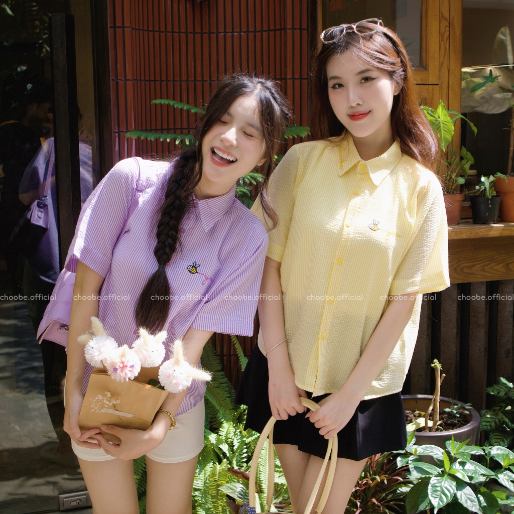 Ảnh Áo sơ mi nữ Beenie Choobe kẻ sọc oversize cộc tay form suông rộng khoác ngoài ASM18 3