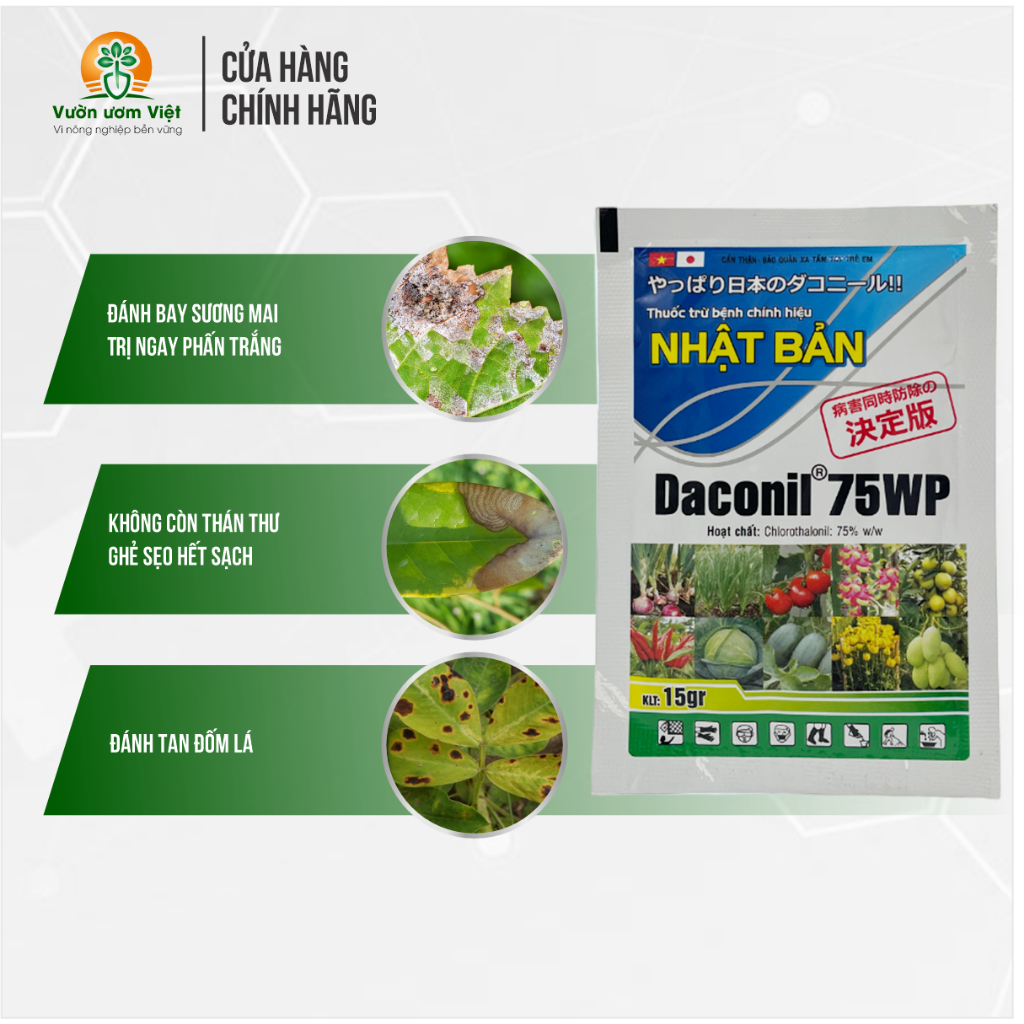 Thuốc trừ bệnh Daconil 75WP trị sương mai, phấn trắng, thán thư, ghẻ sẹo, xì mủ, nứt thân - 15gr