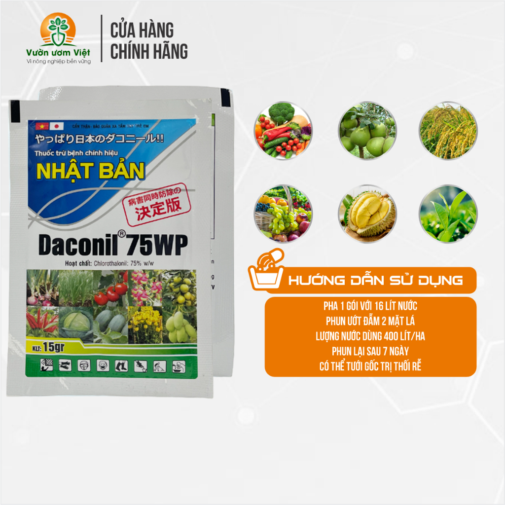 Thuốc trừ bệnh Daconil 75WP trị sương mai, phấn trắng, thán thư, ghẻ sẹo, xì mủ, nứt thân - 15gr