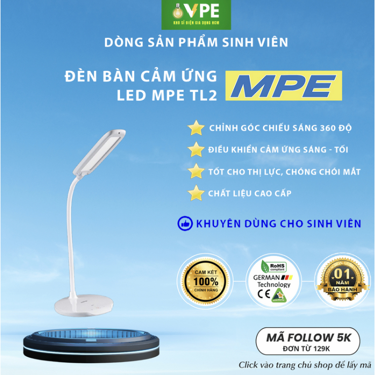 Đèn bàn cảm ứng Led MPE TL2, 3 chế độ sáng, bảo vệ thị lực, trang trí ...
