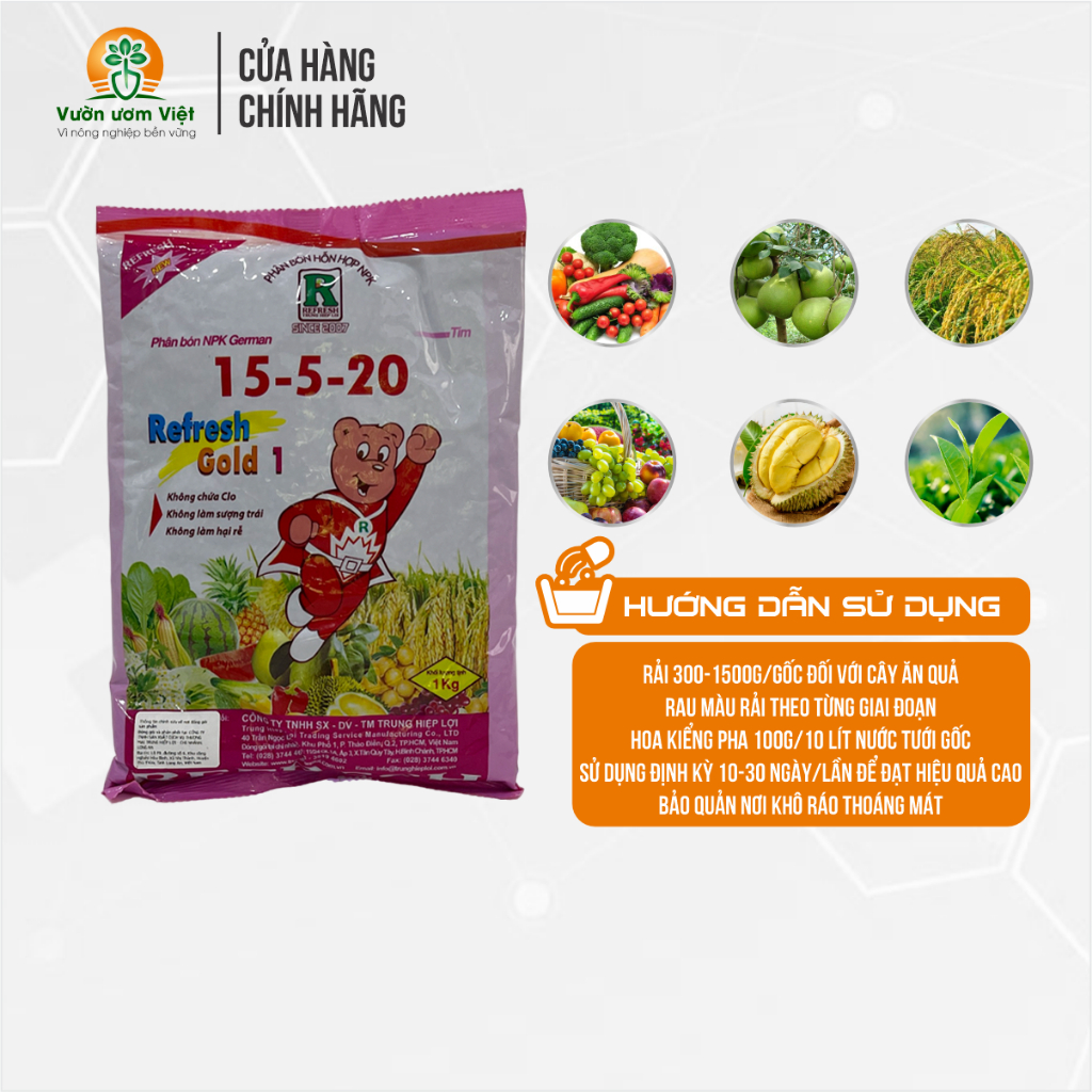 Phân bón 15-5-20 Refesh Gold làm cứng cây, chống đỗ ngã, hoa to đẹp, quả to ngọt, sáng bóng - 1Kg