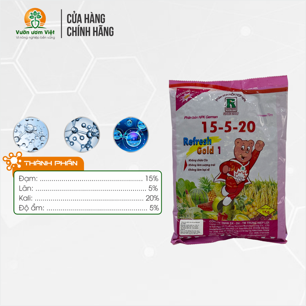 Phân bón 15-5-20 Refesh Gold làm cứng cây, chống đỗ ngã, hoa to đẹp, quả to ngọt, sáng bóng - 1Kg
