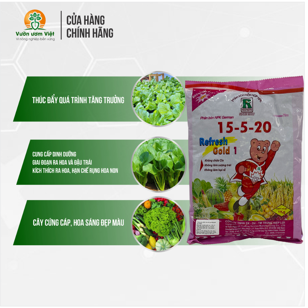 Phân bón 15-5-20 Refesh Gold làm cứng cây, chống đỗ ngã, hoa to đẹp, quả to ngọt, sáng bóng - 1Kg