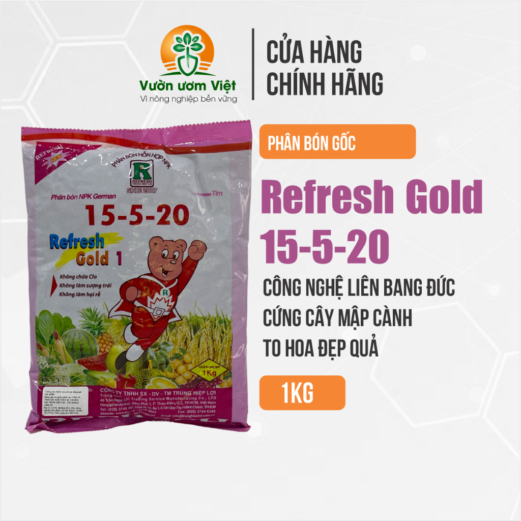 Phân bón 15-5-20 Refesh Gold làm cứng cây, chống đỗ ngã, hoa to đẹp, quả to ngọt, sáng bóng - 1Kg