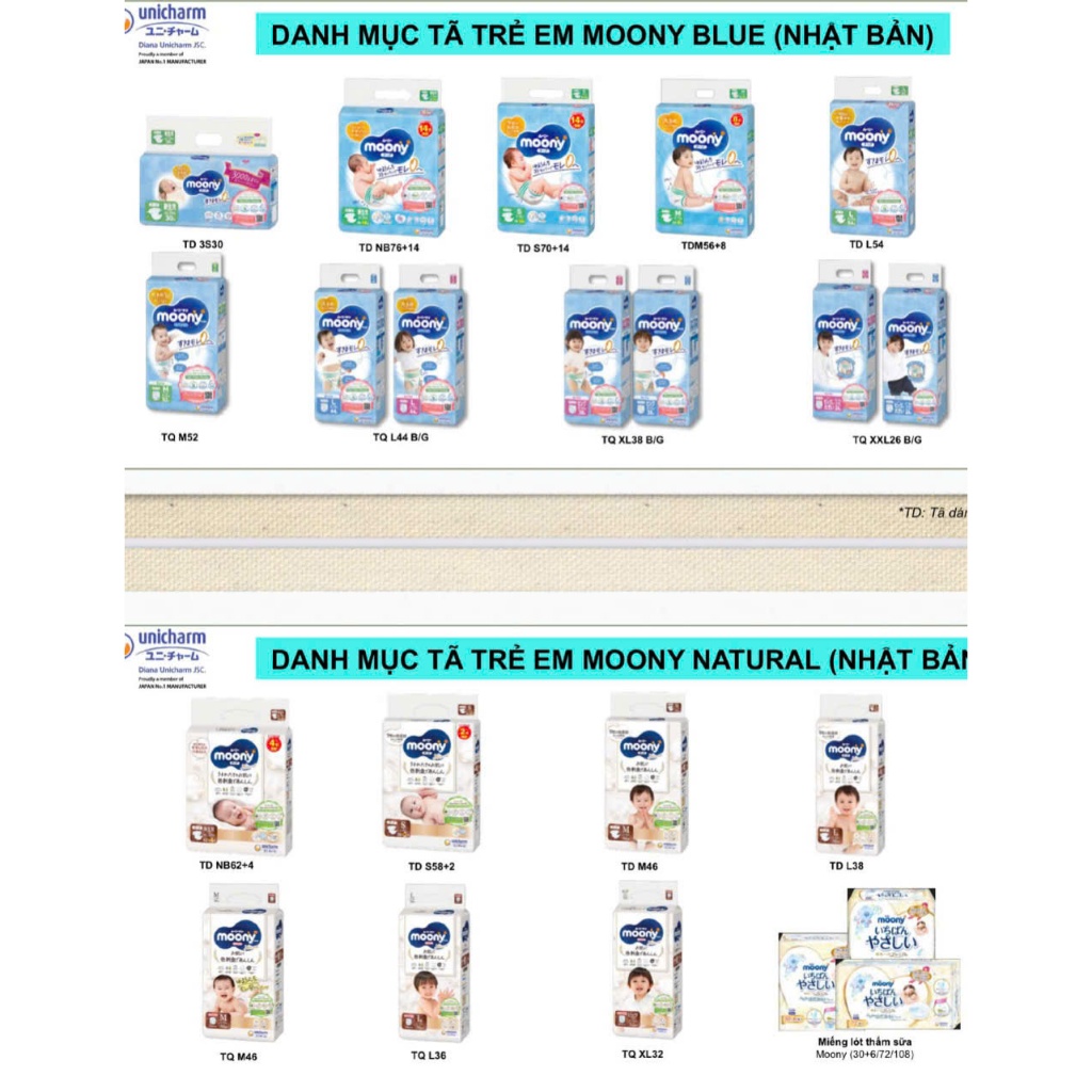 Bỉm /Tã dán quần Moony Xanh Tiêu chuẩn/ Natural  đủ size Nb96/S84/M58/ L54/ L44/ Xl44