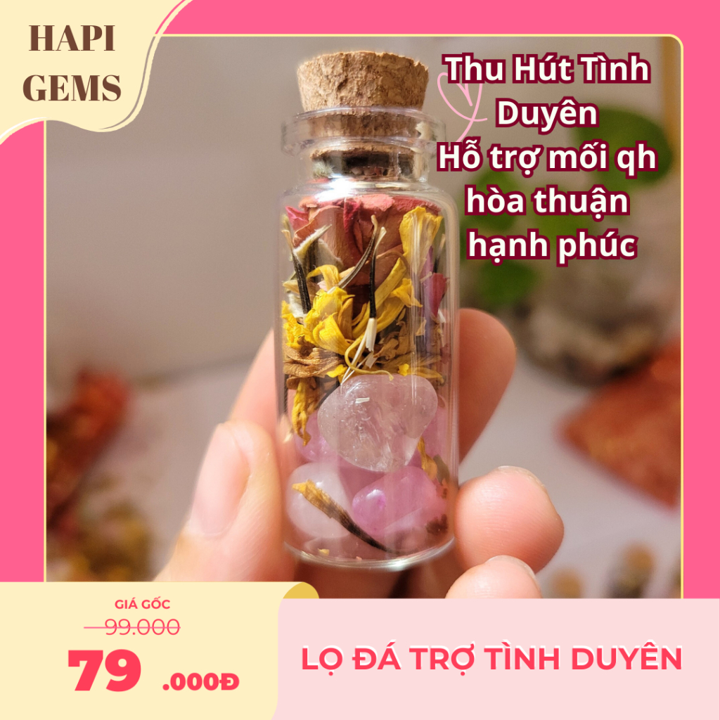 Hũ đá trợ lực tình duyên - thạch anh mix thảo mộc thiên nhiên- giúp tăng cường năng lượng yêu thương Hapi gems