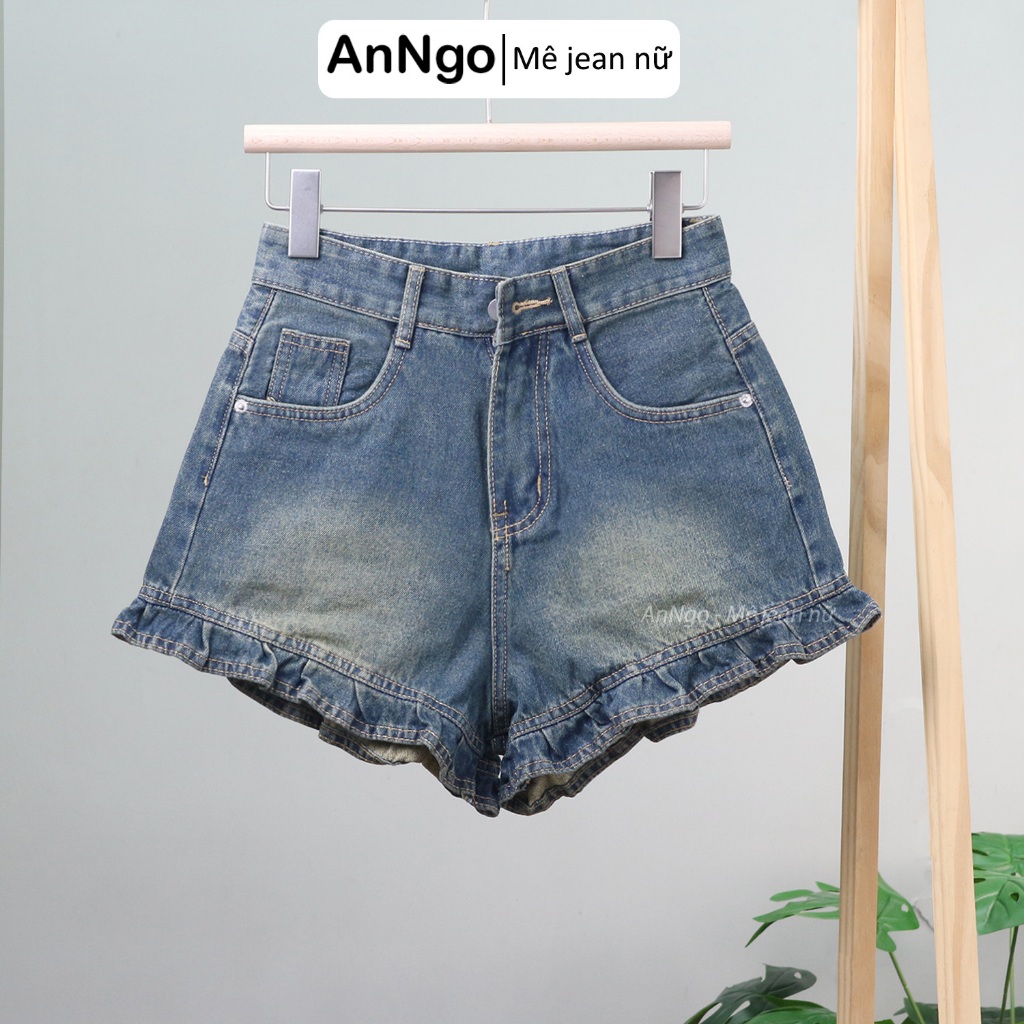 (Có big size) Quần short jean nữ lưng cao lai bèo dễ thương, chất denin không giãn  Anngo - AT483