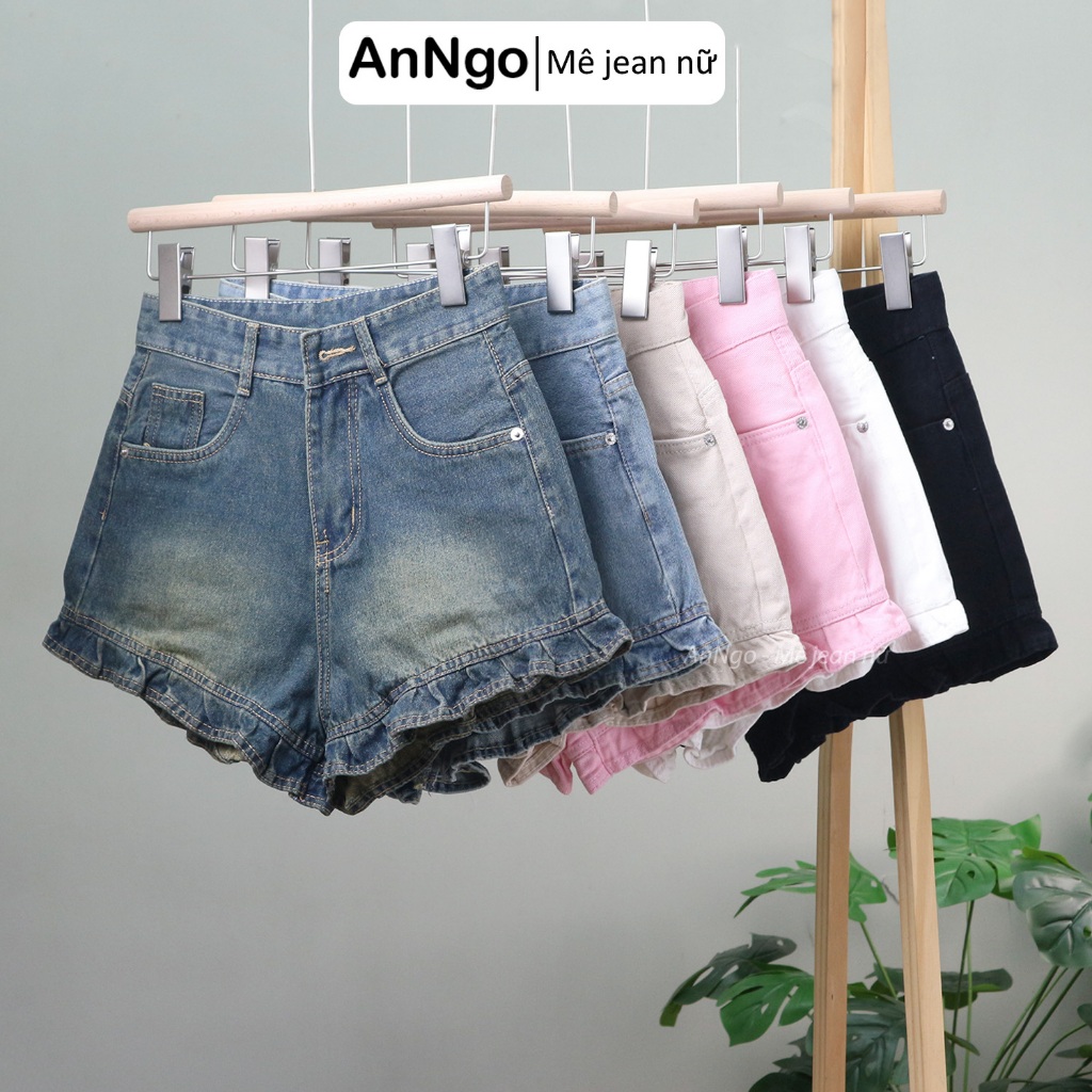 (Có big size) Quần short jean nữ lưng cao lai bèo dễ thương, chất denin không giãn  Anngo - AT483