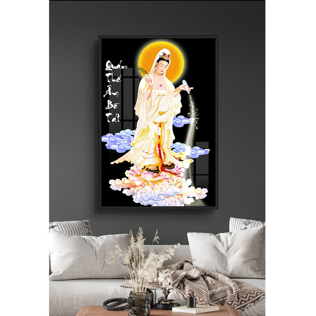 Tranh Gỗ Phật Giáo Bồ Tát Quan Âm, A Di Đà Tráng Gương Có Khung - Tranh Treo Tường - Phòng Thờ