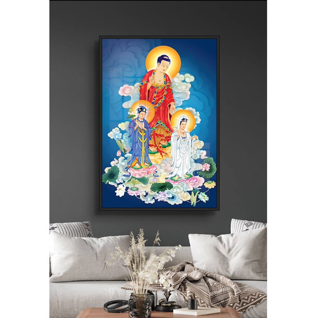 Tranh Gỗ Phật Giáo Bồ Tát Quan Âm, A Di Đà Tráng Gương Có Khung - Tranh Treo Tường - Phòng Thờ