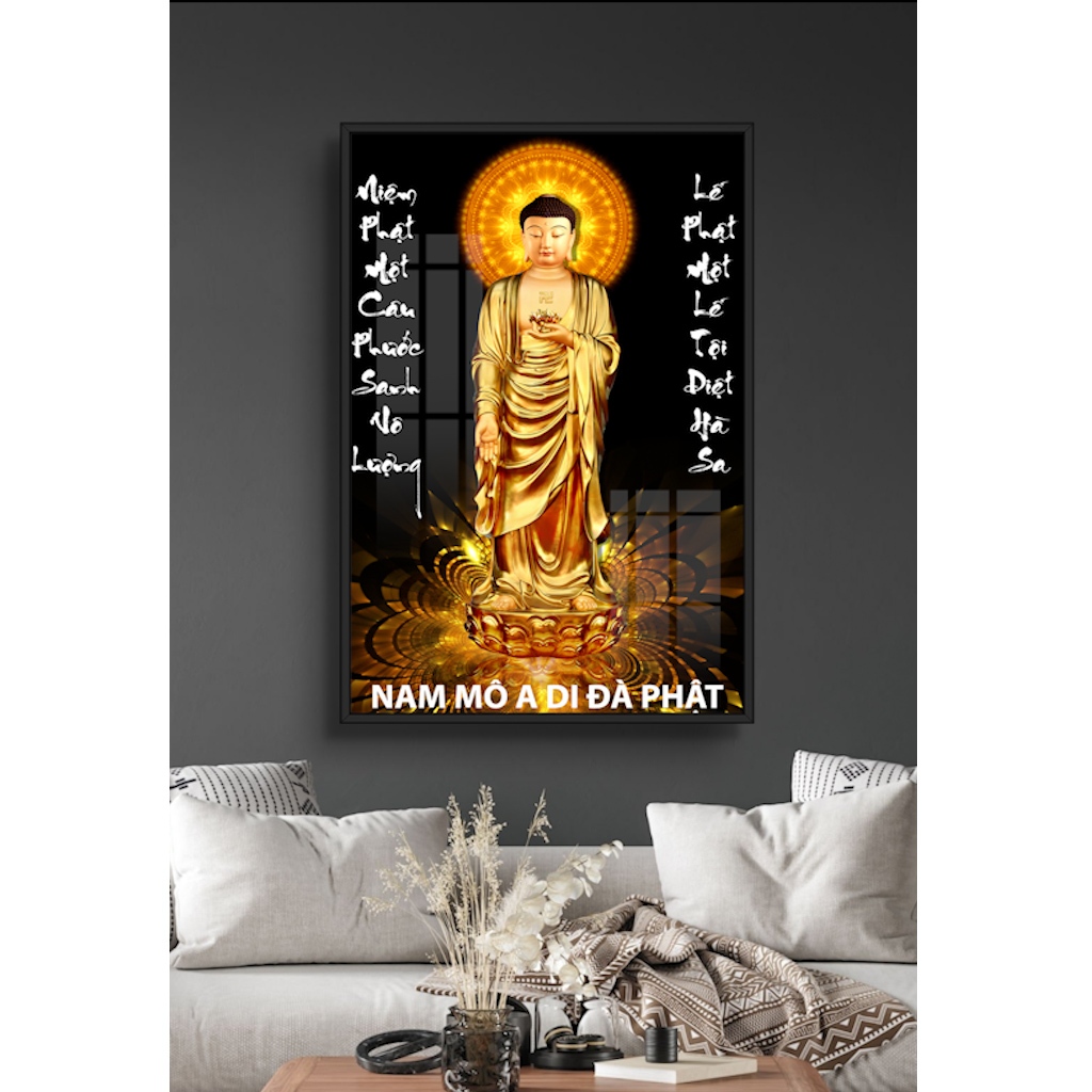 Tranh Gỗ Phật Giáo Bồ Tát Quan Âm, A Di Đà Tráng Gương Có Khung - Tranh Treo Tường - Phòng Thờ