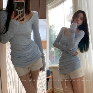 Áo thun cotton dài tay màu xanh pastel cổ rộng kết hợp phần eo nhún dành cho mùa thu đông ATDT009 - Tiktik
