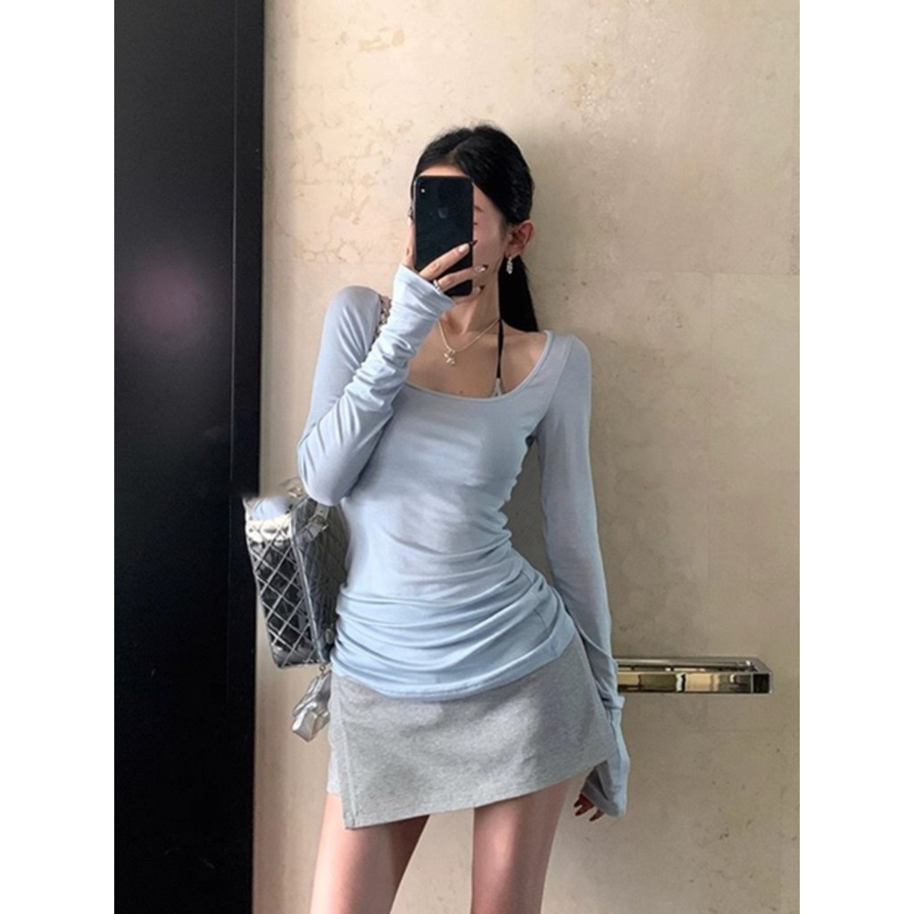 Áo thun cotton dài tay màu xanh pastel cổ rộng kết hợp phần eo nhún dành cho mùa thu đông ATDT009 - Tiktik