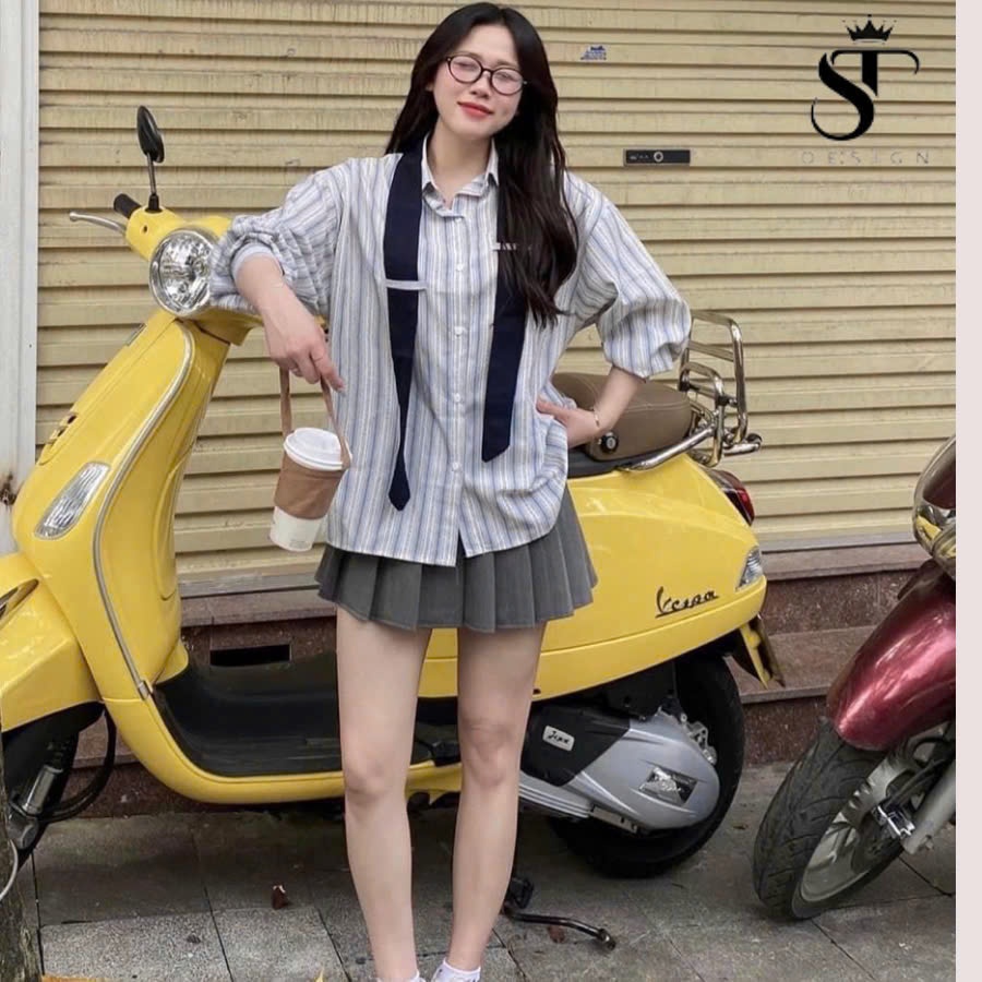 {ST Design} Áo sơ mi dài tay nữ kẻ sọc tặng kèm cà vạt - 01