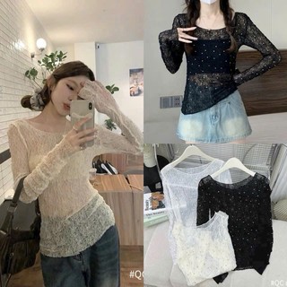 Áo ren lưới CỔ tròn Lệch Vạt ĐÍNH ĐÁ LẤP LÁNH ANG Kèm hai dây Mỏng Sexy