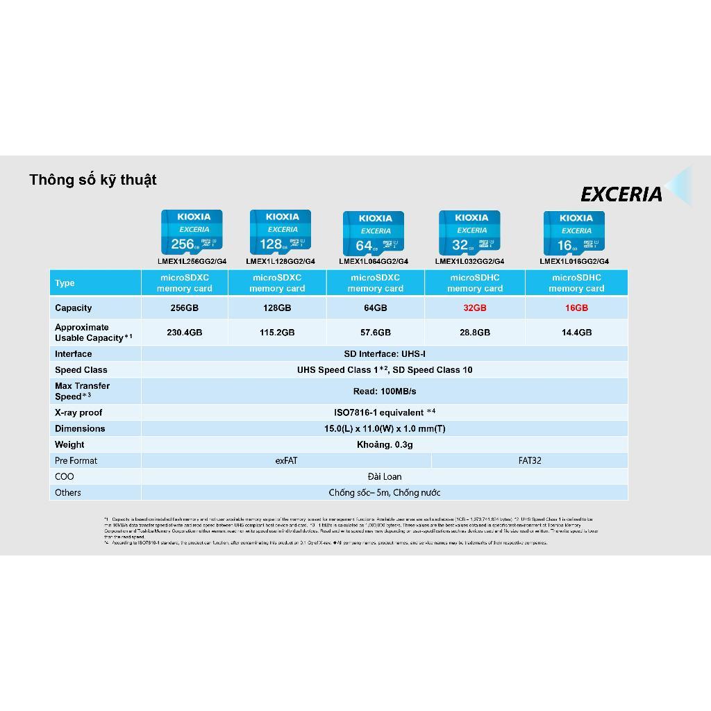 Thẻ nhớ MicroSD KIOXIA 128Gb / 64Gb /32Gb CL10 U1 đọc 100mb/s Exceria / Exceria G2 - Bảo hành 5 Năm