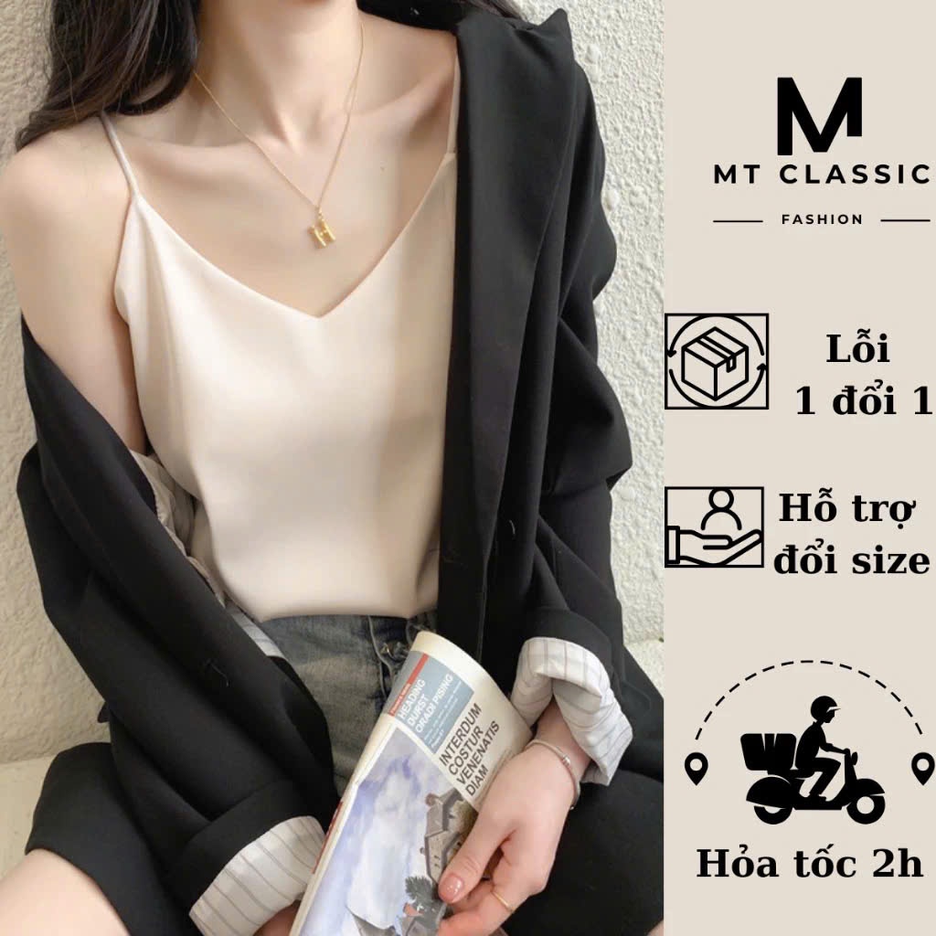 Áo hai dây nữ, áo dây lụa cổ tim có dây tăng đơ, có lót bên trong chất liệu mềm mát, không nhăn - Mt classic