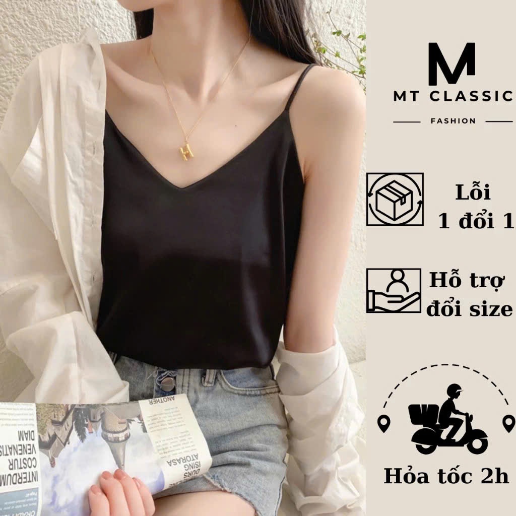 Áo hai dây nữ, áo dây lụa cổ tim có dây tăng đơ, có lót bên trong chất liệu mềm mát, không nhăn - Mt classic